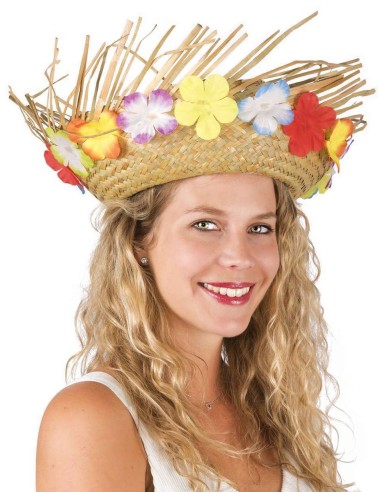 Chapeau paille Hawaï beige avec fleurs