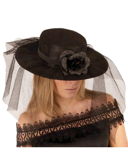 Chapeau dame avec voile et rose noire